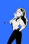  belt black_pants blue_background breasts character_name dress_shirt hair_tousle hands_in_pockets horns large_breasts long_hair looking_to_the_side lum necktie pants pointy_ears shirt simple_background solo text_focus urusei_yatsura wantake 