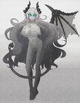  1girl areolae blue_eyes breasts censored demon_girl demon_tail demon_wings earrings enoko_(zqfebi) female full_body glowing glowing_eyes highres horns huge_breasts jewelry long_hair monochrome navel nipples nude original pointy_ears pussy solo standing succubus tail tiptoes very_long_hair wings 