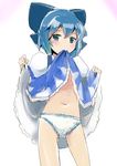  blue_dress blue_eyes blue_hair blush bow cirno dress dress_in_mouth dress_lift hair_bow looking_at_viewer midriff mouth_hold navel panties sinzan solo touhou underwear white_panties 