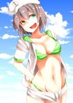  absurdres beach bikini bikini_under_clothes black_hair breasts cloud cloudy_sky cropped_jacket day green_bikini green_eyes hand_on_hip highres jacket kotobuki_(stealth_sendan) large_breasts looking_at_viewer murasa_minamitsu open_clothes open_jacket open_mouth outdoors short_hair sky smile solo stomach sunlight swimsuit swimsuit_under_clothes touhou underboob 