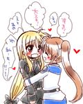  2girls blonde_hair blush brown_hair couple embarrassed eyes_closed fate_testarossa hair_ornament heart hug kohakura long_hair looking_at_another lyrical_nanoha mahou_senki_lyrical_nanoha_force mahou_shoujo_lyrical_nanoha mahou_shoujo_lyrical_nanoha_strikers mahou_shoujo_lyrical_nanoha_vivid military military_uniform multiple_girls ponytail red_eyes takamachi_nanoha translated translation_request uniform very_long_hair wavy_mouth yuri 