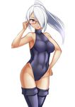  abs brown_eyes glasses hair_over_one_eye leotard long_hair myouan original ponytail solo thighhighs turtleneck white_hair 