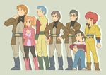  1girl 6+boys afro bento_malus blonde_hair blue_eyes blue_hair boots brown_eyes brown_hair child cosmo_yuki deck_afta densetsu_kyojin_ideon gije_zaral glasses green_eyes kasha_imhof military military_uniform moera_fatima multiple_boys orange_hair red_hair sarmatamra tekuno_gyabari twintails uniform 