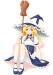  blonde_hair bloomers blush bobby_socks bow braid broom curiosities_of_lotus_asia hat hat_bow highres kirisame_marisa long_hair mary_janes open_mouth shirousagi_uyu shoes single_braid sitting smile socks solo touhou underwear white_bow white_legwear witch_hat wrist_cuffs yellow_eyes 