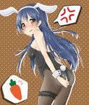  anger_vein animal_ears ass bangs blue_hair blush brown_background brown_eyes bunny_ears bunny_tail bunnysuit carrot embarrassed kishikino leotard long_hair love_live! love_live!_school_idol_project pantyhose polka_dot polka_dot_background sonoda_umi spoken_anger_vein tail thigh_strap wrist_cuffs 