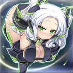  1girl armor bent_over bikini_armor breasts female green_eyes hair_ornament katami_shinta long_hair lowres medium_breasts official_art original silver_hair solo thighhighs twintails 