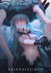  backlighting black_gloves blue_hair bodysuit covered_navel expressionless gloves hands_together kantai_collection long_hair looking_at_viewer orange_eyes shinkaisei-kan solo staff underwater upper_body usanekorin wo-class_aircraft_carrier 