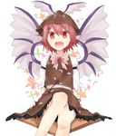  :d animal_ears arm_garter bad_id bad_pixiv_id bow bowtie brown_skirt fang hat highres kasuka_(kusuki) mystia_lorelei open_mouth pink_eyes pink_hair short_hair short_sleeves sitting skirt skirt_set smile solo touhou vest white_background wings 