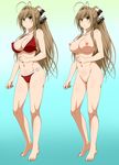  ahoge amagi_brilliant_park bare_shoulders barefoot bikini black_eyes blush breasts brown_hair cleavage feet full_body gradient gradient_background hair_ribbon highres large_breasts long_hair multiple_views nakahara_kouhei navel nipples nude nude_filter o-ring_bottom o-ring_top photoshop ponytail pussy red_bikini ribbon sento_isuzu shiny shiny_skin simple_background solo standing swimsuit thighs uncensored variations yellow_eyes 