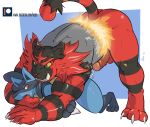  2018 ambiguous_gender anthro anthro_on_anthro balls bent_over black_fur blue_fur cum cum_string domination duo erection forced fur green_eyes humanoid_penis incineroar lucario male male/ambiguous muscular muscular_male negger nintendo nude open_mouth penis pok&eacute;mon pok&eacute;mon_(species) red_balls red_eyes red_fur size_difference video_games yellow_fur yellow_sclera 