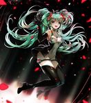  boots covered_navel elbow_gloves gloves goodsmile_company goodsmile_racing green_eyes green_hair hatsune_miku high_heels leotard long_hair open_mouth petals race_queen racing_miku racing_miku_(2011) skindentation solo swissmissmachi thigh_boots thighhighs twintails very_long_hair vocaloid 