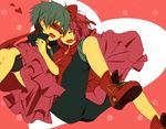  1girl blue_hair bow carrying dress giggles happy_tree_friends mask pink_dress pink_hair princess_carry red_bow red_footwear shoes short_hair smile splendid 
