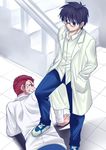  bad_id bad_twitter_id black_hair clenched_teeth closed_eyes glasses hands_in_pockets inui_arihiko labcoat multiple_boys open_mouth red_hair school_uniform short_hair stairs stepped_on tan tears teeth toono_shiki tsukihime urako 