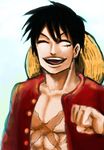  1boy black_hair eyes_closed hat headwear_removed male male_focus monkey_d_luffy one_piece open_clothes open_mouth open_shirt red_shirt ryu-911 scar shirt smile solo stampede_string straw_hat 