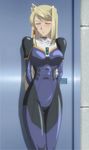  1girl against_wall blonde_hair blush bodysuit breasts close_eyes eyes_closed iris_rebel long_hair medium_breasts solo soukou_kijo_iris standing stitched thigh_gap 