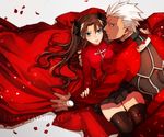  1girl archer blue_eyes bluuue brown_hair fate/stay_night fate_(series) grey_eyes looking_at_viewer miniskirt skirt thighhighs toosaka_rin turtleneck two_side_up white_hair 
