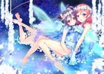  bare_shoulders barefoot black_hair butterfly_wings chestnut_mouth deeple double_bun dress flower gloves hair_flower hair_ornament head_wreath holding_hands legs long_hair love_live! love_live!_school_idol_project multiple_girls nishikino_maki purple_eyes red_eyes red_hair short_hair smile star_(sky) wings yazawa_nico yume_no_tobira 