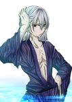 bad_id bad_twitter_id hand_on_hip hand_on_own_head japanese_clothes male_focus open_clothes red_eyes solo toono_shiki_(2) tsukihime urako water wet wet_clothes wet_hair white_hair 