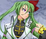  blue_eyes breasts einhart_stratos fingerless_gloves gloves green_hair hair_ribbon heterochromia large_breasts long_hair looking_away lyrical_nanoha mahou_shoujo_lyrical_nanoha_vivid nac000 purple_eyes ribbon solo twintails upper_body 