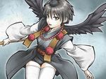  black_hair black_wings doku_hebi hat idolmaster idolmaster_(classic) japanese_clothes jewelry kikuchi_makoto necklace open_mouth short_hair shorts smile solo tengu thighhighs tokin_hat wand white_legwear wings 