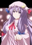  capelet coat crescent dress hair_ribbon hat highres long_hair looking_at_viewer mob_cap nori_tamago open_clothes open_coat patchouli_knowledge purple_dress purple_eyes purple_hair ribbon solo striped striped_dress touhou tress_ribbon very_long_hair 