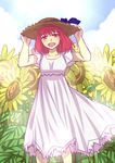  adjusting_clothes adjusting_hat bad_id bad_twitter_id bow dress field flower flower_field frilled_dress frills good_end hat kohaku open_mouth red_hair ribbon short_hair smile solo sunflower tsukihime urako yellow_eyes 