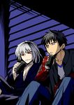  bad_id bad_twitter_id black_hair blood bloody_clothes blue_eyes can canned_coffee drinking eyewear_removed glasses japanese_clothes multiple_boys open_mouth red_eyes short_hair sitting smile toono_shiki toono_shiki_(2) tsukihime urako white_hair 