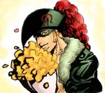  bouquet domino_mask flower fur_trim hat hat_feather heart jacket leather leather_jacket looking_at_viewer male male_focus mask one_piece orange_hair pirate ryu-911 scar sideburns solo supernova x_drake 