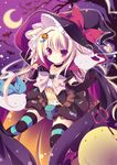  animal_ears bat blonde_hair brown_eyes cape cat_ears choker crescent_moon fang ghost hair_ornament halloween hat looking_at_viewer millcutto moon original solo striped striped_legwear thighhighs witch_hat zettai_ryouiki 