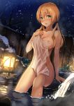  1girl :d arm_support bangs bare_tree blonde_hair blurry blush bokeh breasts cleavage collarbone commentary_request depth_of_field eyebrows_visible_through_hair glint green_eyes hair_between_eyes hand_up highres holding holding_towel jewelry kantai_collection lamp large_breasts long_hair looking_at_viewer low_twintails naked_towel night night_sky nose_blush onsen open_mouth outdoors plant prinz_eugen_(kantai_collection) ring rock sidelocks sitting sky smile snow soaking_feet solo star_(sky) starry_sky steam towel tree twintails water wet yuuki_yuu 