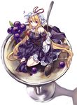  bare_shoulders blonde_hair bow breasts collarbone corset cup dress drinking_glass food frilled_dress frills fruit gloves grapes hair_bow hat hat_ribbon highres large_breasts long_hair minigirl mob_cap nabezuru off_shoulder purple_dress purple_eyes ribbon sidelocks sitting solo spoon touhou very_long_hair white_gloves wide_sleeves wine_glass yakumo_yukari 