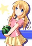  alternate_costume alternate_hairstyle blonde_hair blue_eyes blush contemporary food fruit grin kirisame_marisa long_hair looking_at_viewer miniskirt nitizyo no_hat no_headwear off_shoulder shirt skirt smile solo star tank_top touhou twintails watermelon 