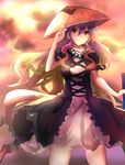  black_dress blonde_hair brown_eyes cloud cloudy_sky dress gradient_hair hat hijiri_byakuren hizagawa_rau jewelry layered_dress multicolored_hair necklace puffy_short_sleeves puffy_sleeves purple_hair short_sleeves sky solo touhou white_dress wind 