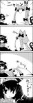  4koma :d animal_ears bow braid c: cat_ears cat_tail comic commentary greyscale hair_bow hair_ribbon hairband highres kaenbyou_rin long_hair monochrome multiple_tails nekomata open_mouth ribbon smile tail tani_takeshi touhou translated twin_braids yasaka_kanako yukkuri_shiteitte_ne 