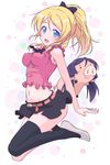  :d animal animalization ayase_eli belt black_legwear blonde_hair blue_eyes blush bow breasts cosplay elizabeth_liones elizabeth_liones_(cosplay) hair_bow hawk_(nanatsu_no_taizai) impossible_clothes k10k looking_at_viewer love_live! love_live!_school_idol_project medium_breasts midriff namesake nanatsu_no_taizai navel open_mouth pig ponytail purple_hair single_thighhigh skirt sleeveless smile solo thighhighs toujou_nozomi 