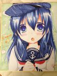  akatsuki_(kantai_collection) blue_eyes blue_hair blush clenched_hand hat heart kantai_collection kuriyuzu_kuryuu long_hair looking_at_viewer neckerchief open_mouth red_neckwear school_uniform serafuku shikishi solo traditional_media upper_body 