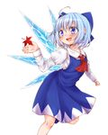  ahoge ascot blue_eyes blue_hair blush bow cirno collared_shirt dress hair_bow ice ice_wings juliet_sleeves leaf long_sleeves maple_leaf namino. puffy_sleeves shirt short_hair solo tareme touhou white_background wings 