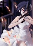  bad_hands blue_hair breasts dress fire gun hair_ribbon large_breasts lempika nisekoi red_eyes ribbon short_hair solo trigger_discipline tsugumi_seishirou weapon 