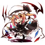  alternate_costume black_dress blonde_hair bow dress fang flandre_scarlet hat hat_bow laevatein long_sleeves looking_at_viewer mob_cap open_mouth red_eyes side_ponytail solo tosura-ayato touhou wide_sleeves wings 