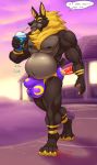  2018 4_toes 5_fingers anpii anthro anubian_jackal belly_jiggle biceps black_nose black_skin blonde_hair blue_eyes body_hair bulge canine chest_hair claws clothing digestion digitigrade drinking english_text eyebrows fingerpads grey_skin hair holding_object hungothenomster jackal looking_aside male mammal mane markings multicolored_skin musclegut muscular muscular_male muscular_thighs nipples pawpads paws pecs penis_outline purple_background short_tail simple_background slightly_chubby solo speech_bubble standing text toes two_tone_skin underwear vore walking 