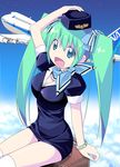  747_(airplane) aircraft airplane all_nippon_airways bracelet breasts cleavage cloud fang hair_ribbon hat japanese_flag jewelry kazakami_shun large_breasts melon-chan melonbooks ribbon scarf sitting sky solo star_(sky) stewardess suitcase thighhighs twintails uniform 