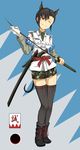  animal_ears black_hair black_legwear blue_background boots camouflage camouflage_shorts commentary_request cross-laced_footwear dog_ears full_body highres holding holding_sword holding_weapon katana lace-up_boots necktie one_eye_closed original red_eyes sheath shinsengumi shirt short_hair shorts smile solo strike_witches_1991 sword thighhighs tom-neko_(zamudo_akiyuki) uniform unsheathed weapon world_witches_series 