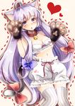  ahoge animal_ears bad_id bad_pixiv_id bare_arms bare_shoulders bell bell_collar bloomers bra breasts cat_ears cat_tail collar collarbone gloves hair_ribbon heart kemonomimi_mode long_hair medium_breasts midriff navel open_mouth patchouli_knowledge paw_gloves paws purple_eyes purple_hair ribbon solo striped striped_legwear tail tail_bell thighhighs touhou tress_ribbon ukita_uuko underwear underwear_only very_long_hair white_bra 