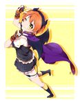  ;3 bat_wings black_legwear cape demon_horns fake_horns fingerless_gloves full_body gloves green_eyes hairband halloween headset highres horned_headwear horns hoshizora_rin love_live! love_live!_school_idol_project official_style one_eye_closed orange_hair sekina striped striped_gloves tail wings 