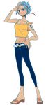  1girl blue_hair capri_pants east_blue hairband hand_on_hip jeremy_(artist) nojiko one_piece pants sandals short_hair solo standing tattoo transparent_background 