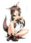  animal_ears bare_shoulders brooch brown_hair check_commentary closed_eyes collarbone commentary_request covered_navel fang fingernails gorilla_(bun0615) highres howling imaizumi_kagerou indian_style jewelry long_sleeves nail_polish off_shoulder open_mouth paw_pose sharp_fingernails shirt sitting skirt solo tail touhou wide_sleeves wolf_ears wolf_tail 