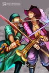  2boys bandanna birthday black_hair boots dracule_mihawk fight fighting green_hair hat hat_feather jewelry jippei kuraigana_island lining mouth_hold multiple_boys necklace one-eyed one_piece open_clothes open_shirt robe roronoa_zoro shirt sword swordsman triple_wielding weapon yellow_eyes 