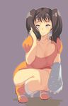  breast_press breasts brown_hair collarbone diane_(nanatsu_no_taizai) grey_background highres large_breasts leotard nanatsu_no_taizai ookami_ryousuke orange_leotard purple_eyes short_hair smile solo squatting twintails 