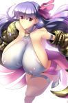  1girl breasts cleavage curvy erect_nipples fate/grand_order fate_(series) female haganef hair_between_eyes hair_ribbon huge_breasts jumping long_hair looking_at_viewer passion_lip pink_eyes pink_ribbon purple_hair revealing_clothes ribbon shiny shiny_skin simple_background solo very_long_hair white_background 