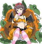  bare_shoulders bloomers blush bow brown_hair candy collarbone demon_tail demon_wings food hair_bow halloween jack-o'-lantern licking lollipop looking_at_viewer navel pink_legwear sakai_yuki_(wug) short_hair solo striped striped_legwear tail thighhighs umanosuke underwear wake_up_girls! wake_up_girls!_stage_no_tenshi wings 